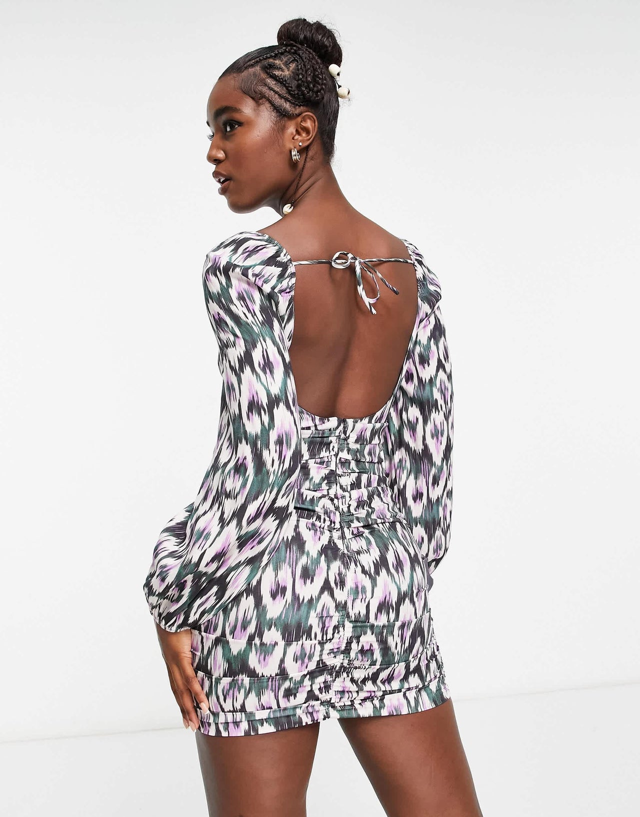 Pull&Bear long sleeve printed mini dress with ruched detail in pink