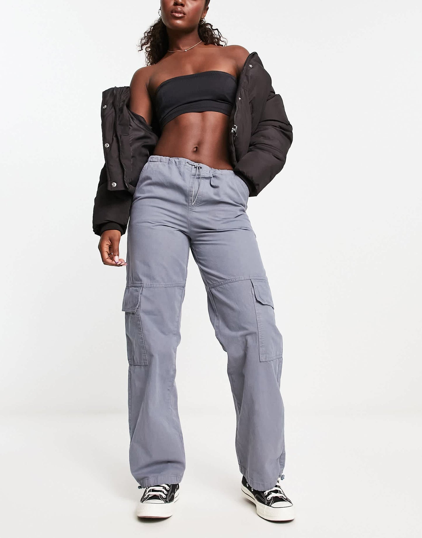 Pull&Bear oversized parachute trousers in gunmetal grey