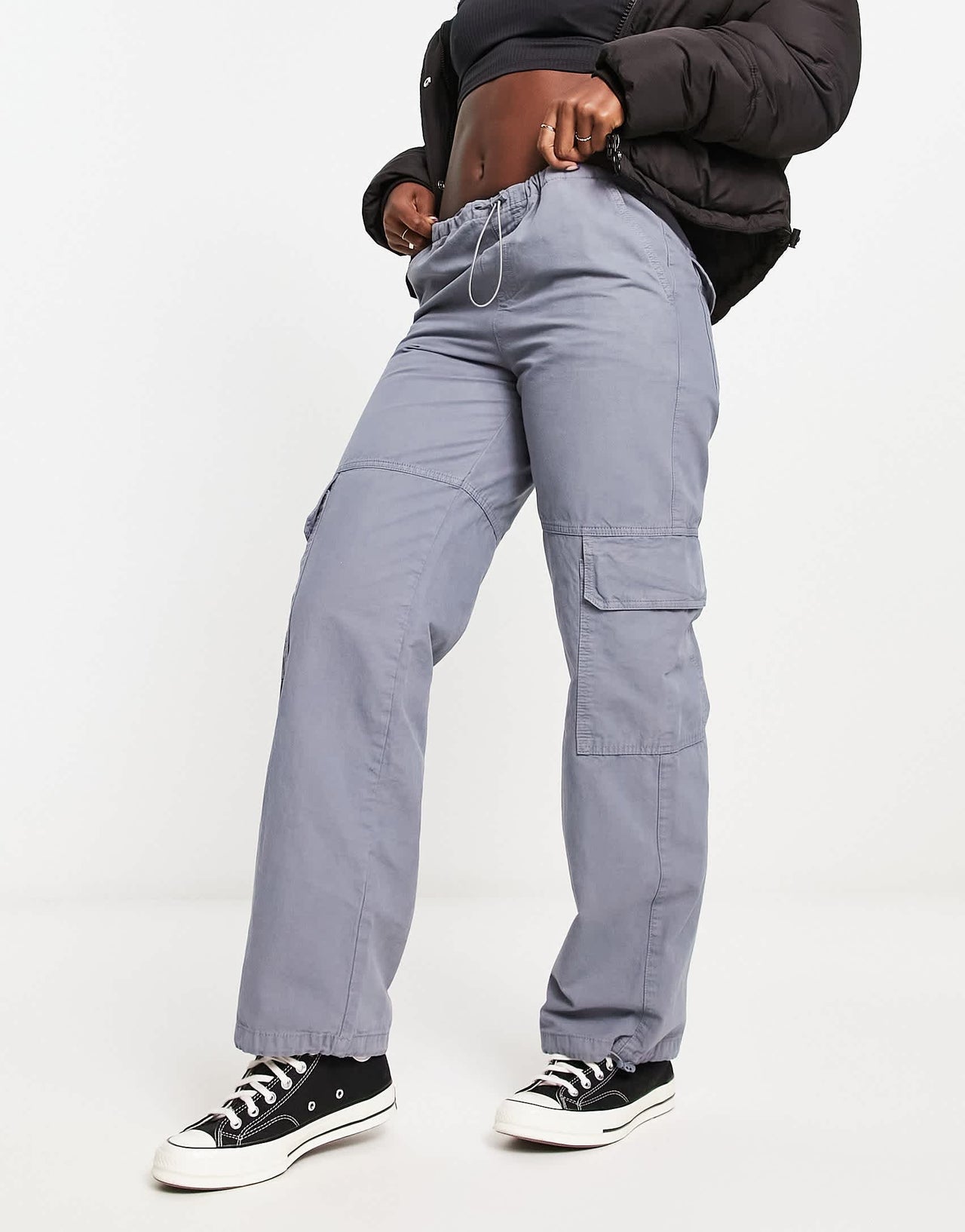 Pull&Bear oversized parachute trousers in gunmetal grey