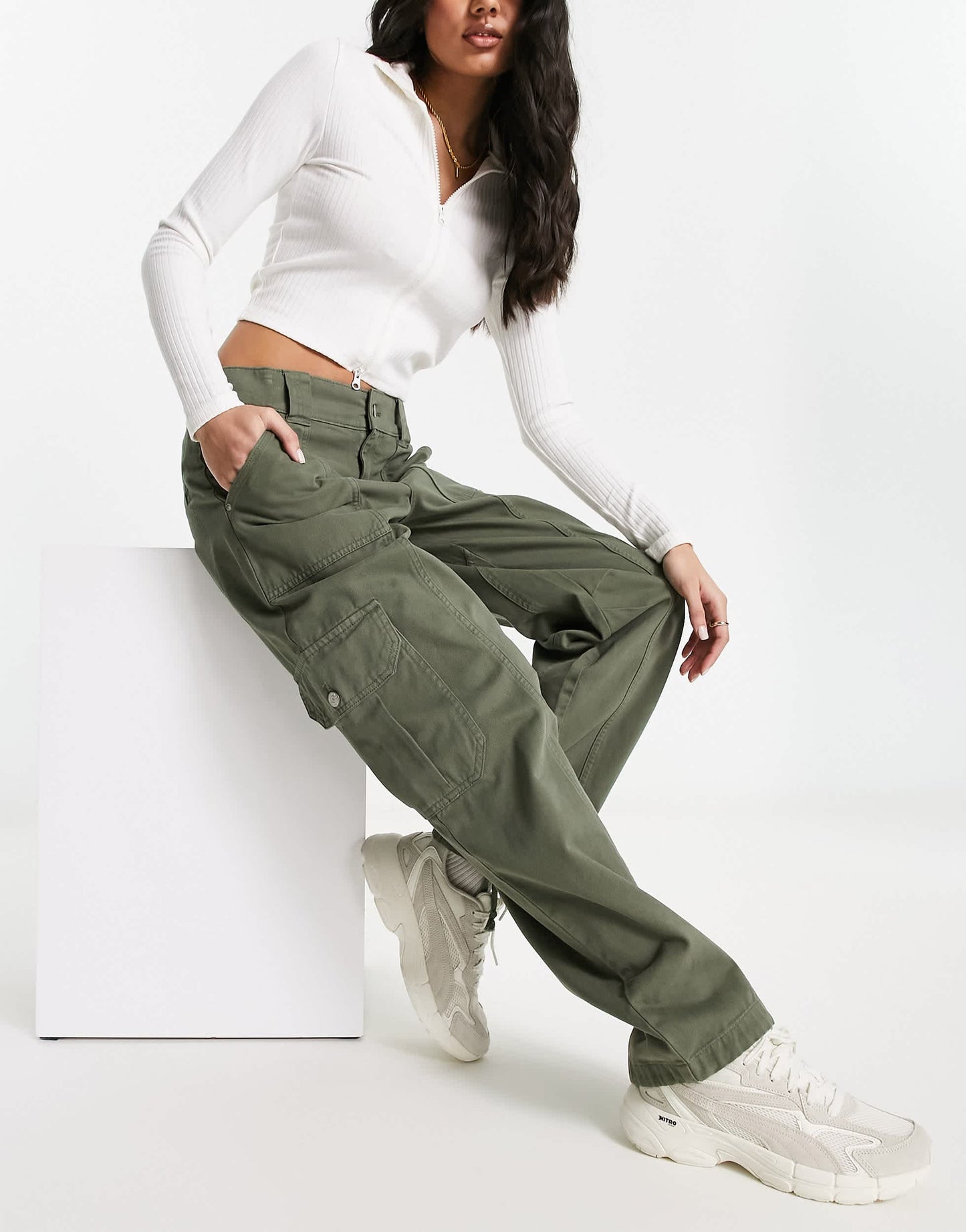 Pull & Bear cargo trouser with adjustable cuff in khaki