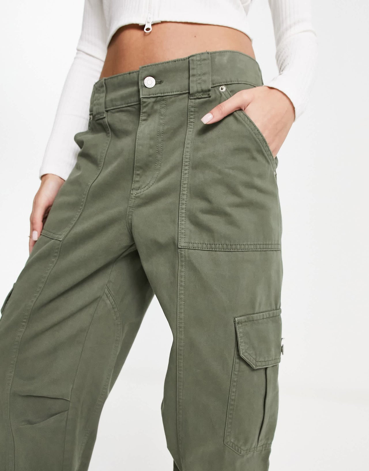 Pull & Bear cargo trouser with adjustable cuff in khaki