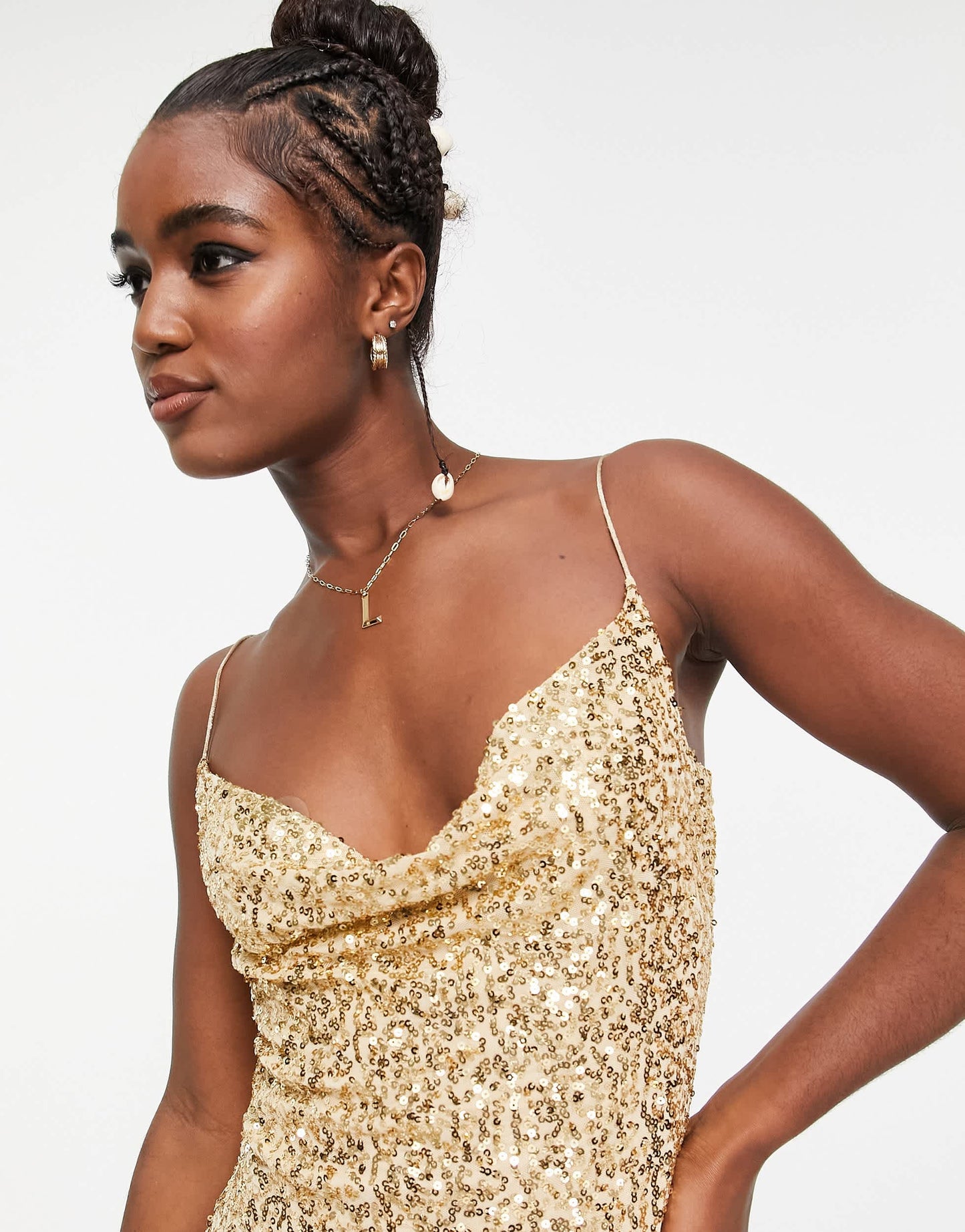 Pull&Bear sequin cowl neck mini dress in gold