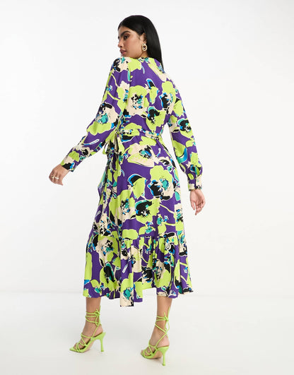 Y.A.S wrap collared midi dress in purple and lime abstract pansy print