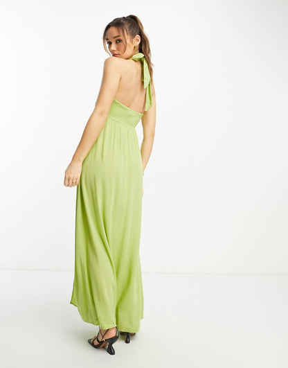 River Island shirred cut out halterneck maxi beach dress in lime green