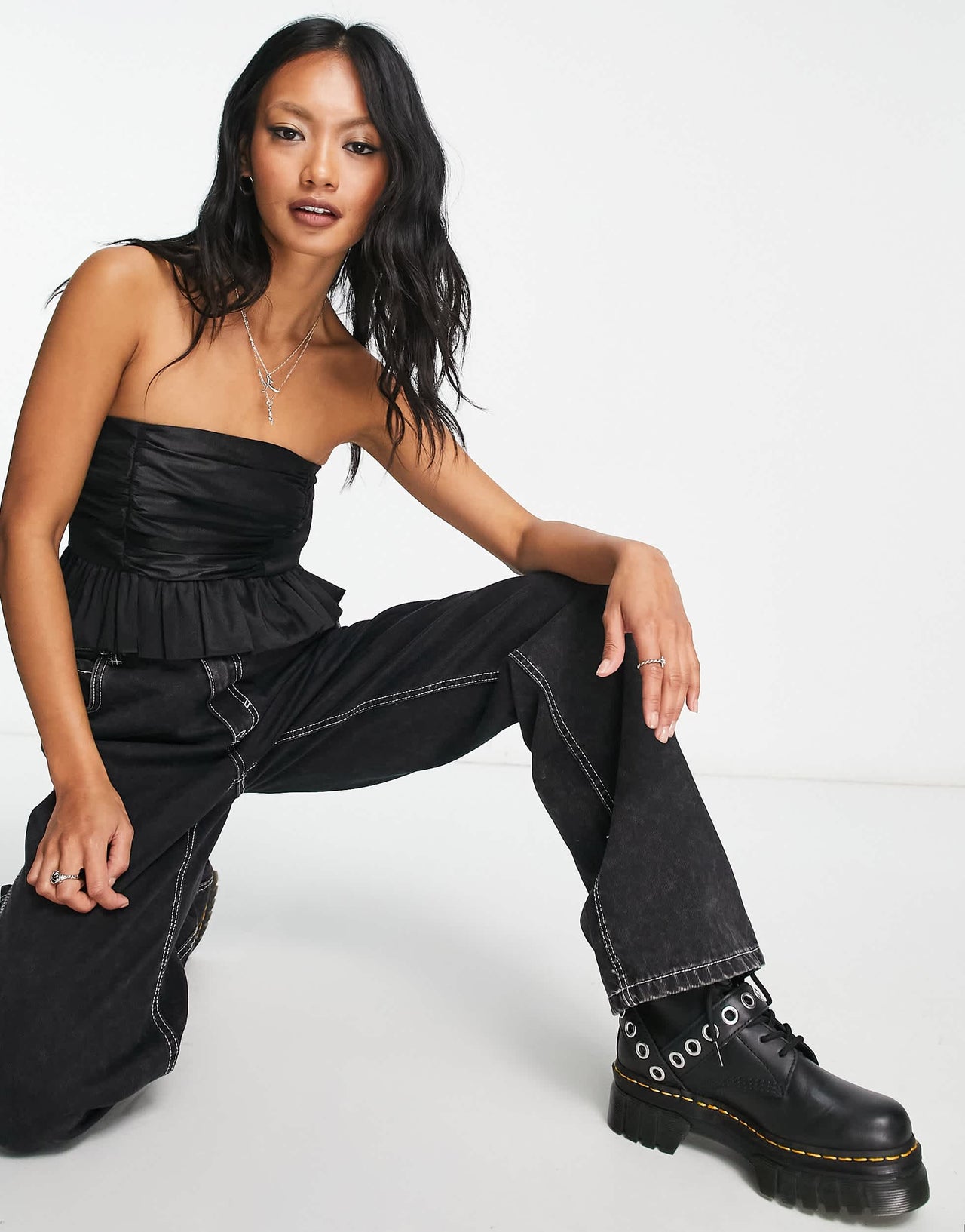 Bershka taffeta crop bandeau top in black