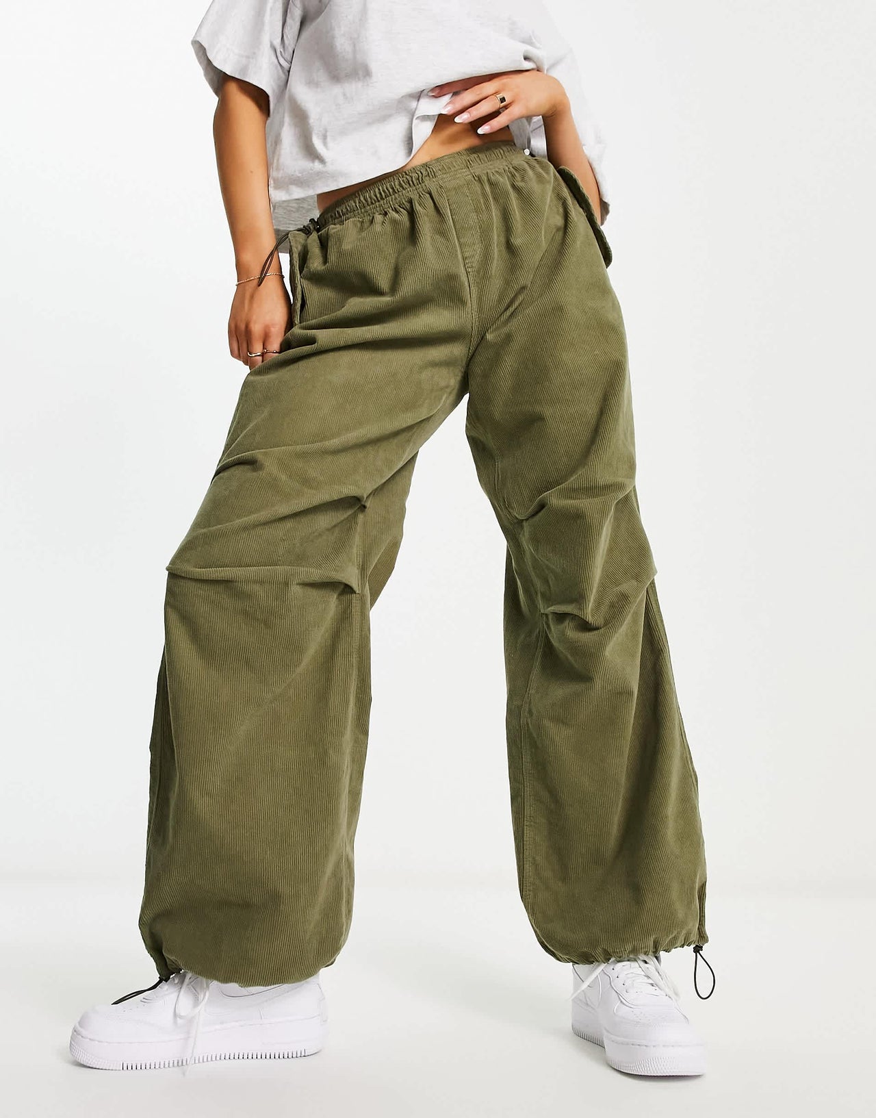 Bershka corduroy parachute pants in khaki