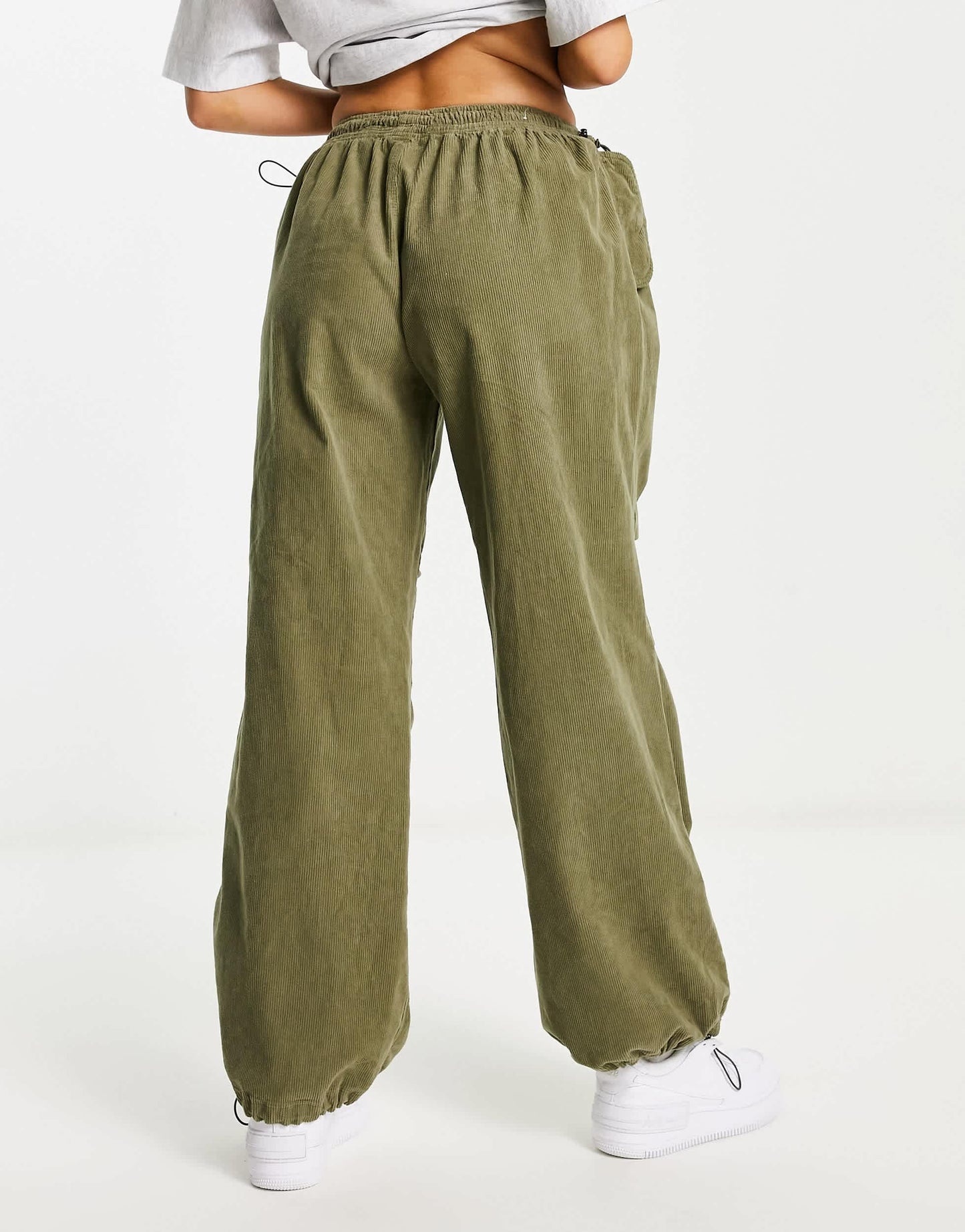 Bershka corduroy parachute pants in khaki