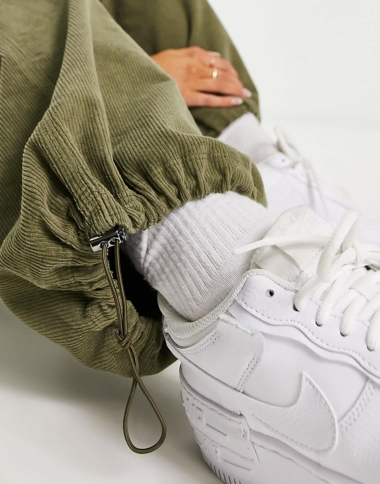 Bershka corduroy parachute pants in khaki