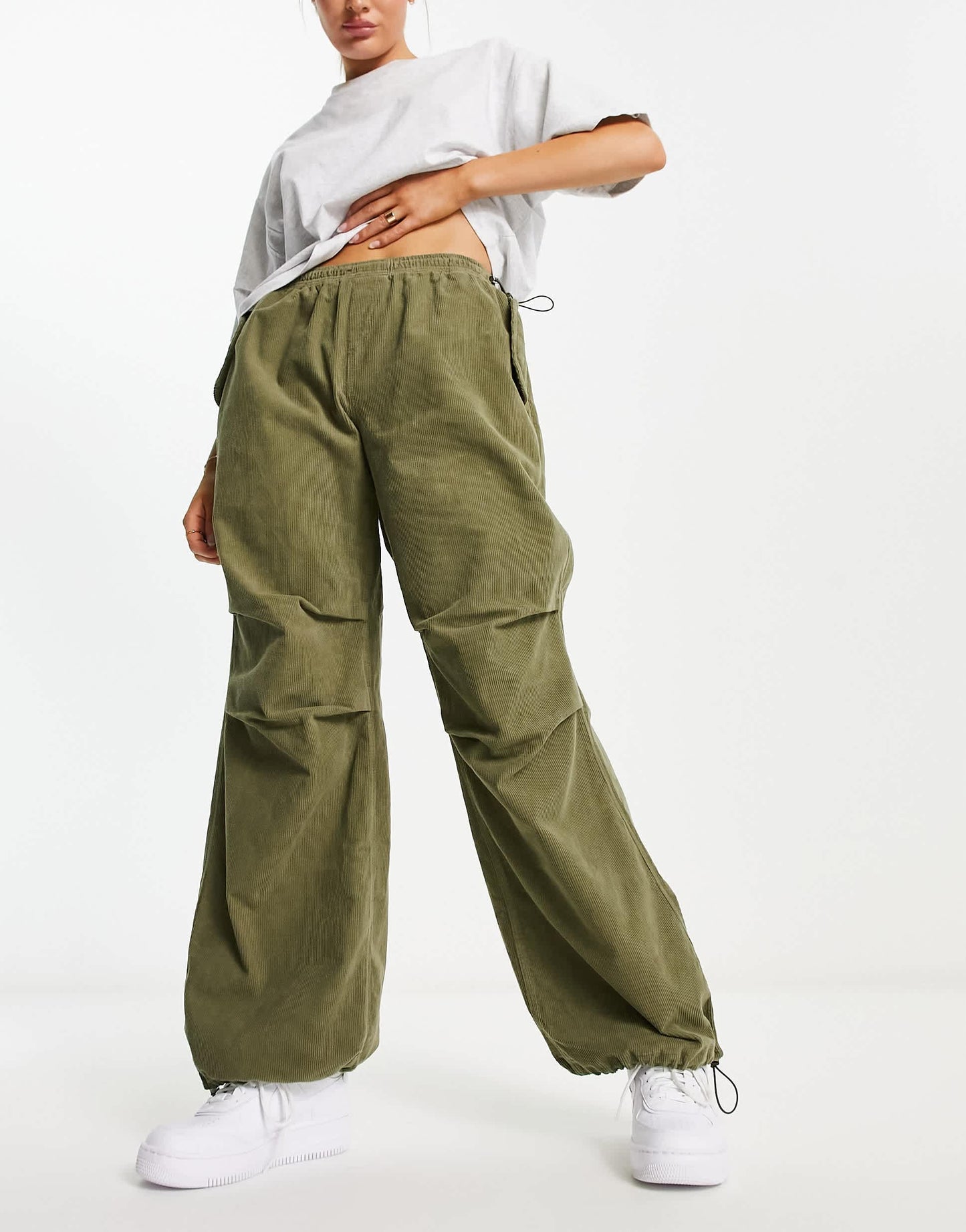 Bershka corduroy parachute pants in khaki