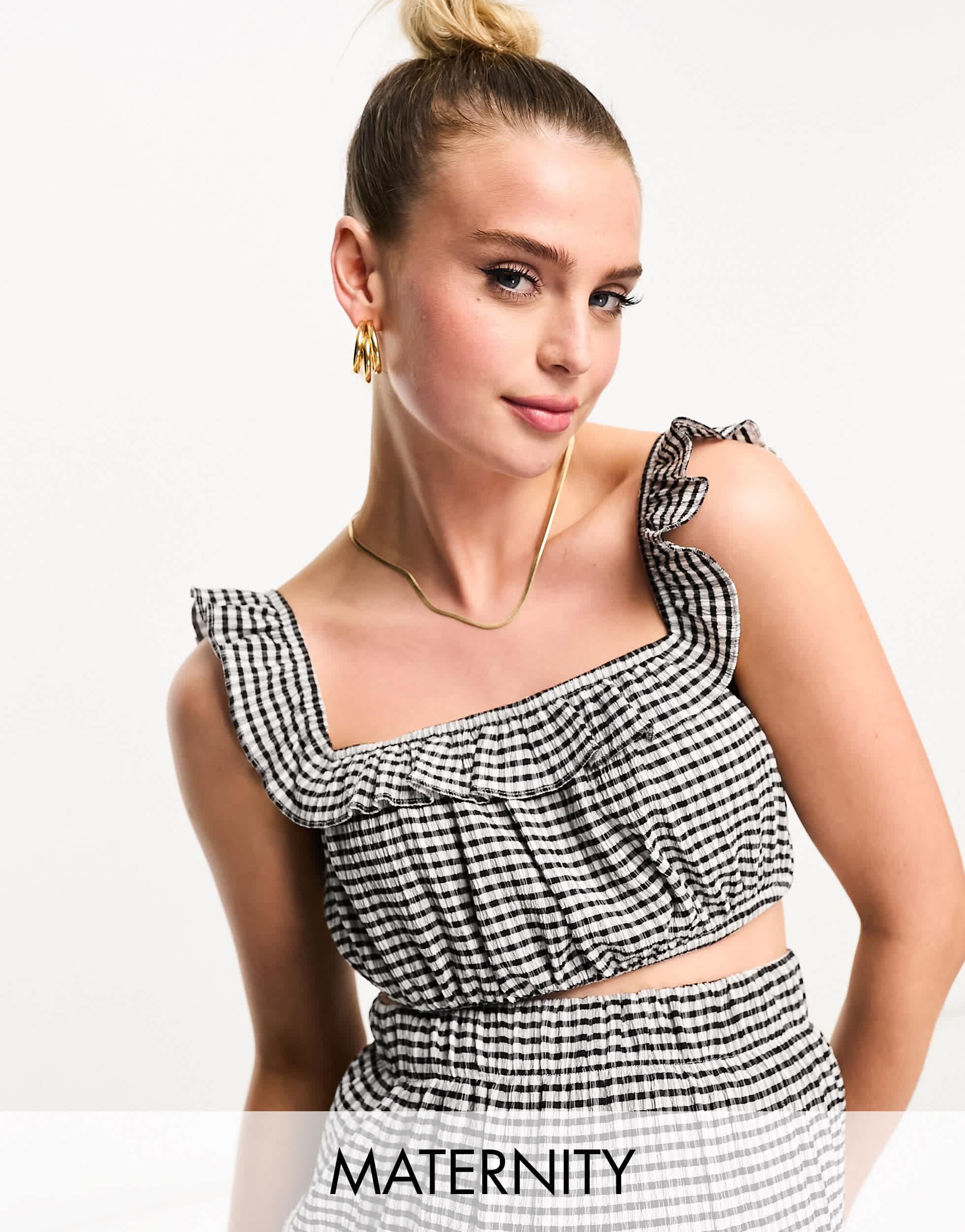 The Frolic exclusive Maternity square neck summer crop top in black and white gingham