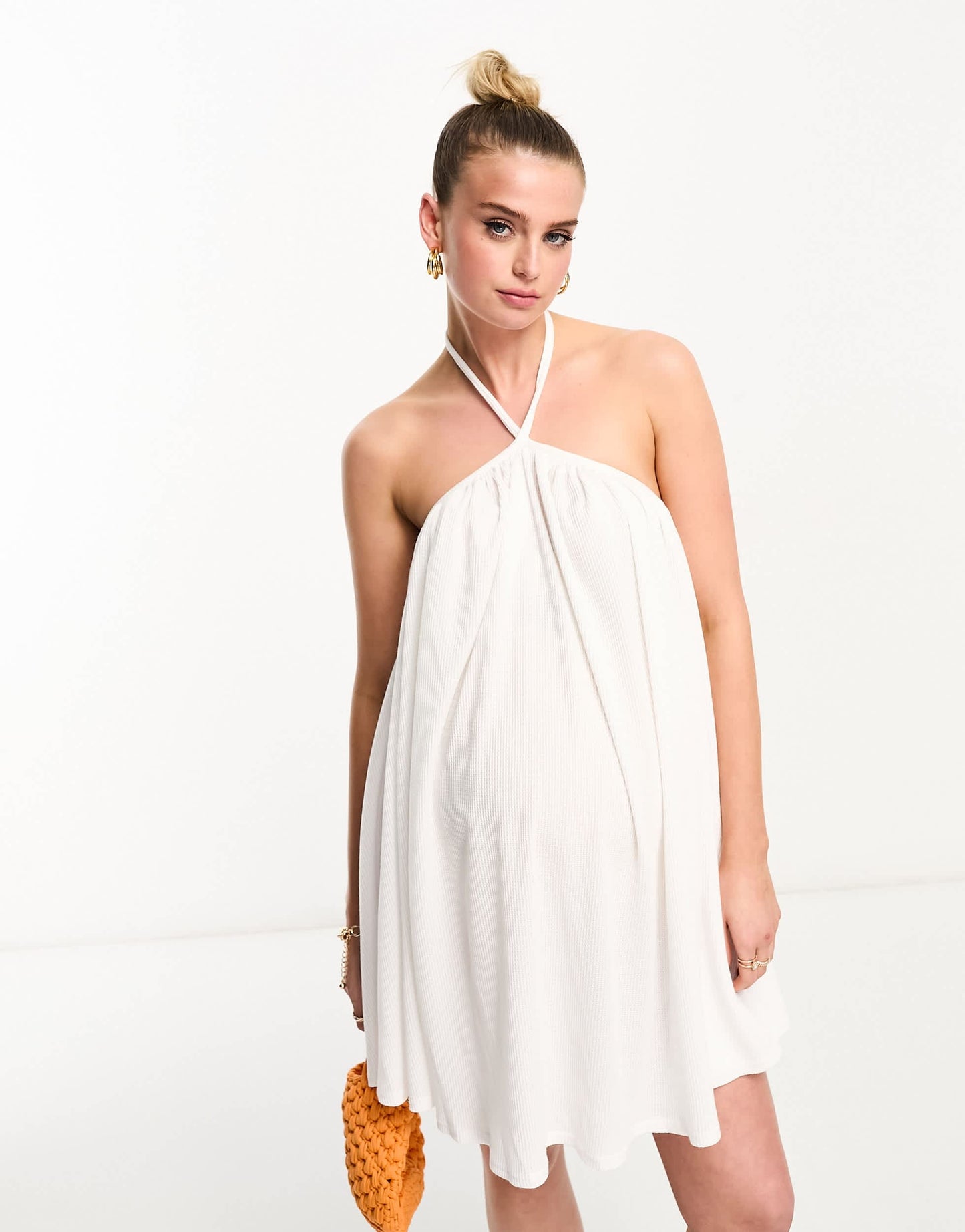 The Frolic exclusive Maternity sunstone halter volume mini summer dress in white waffle