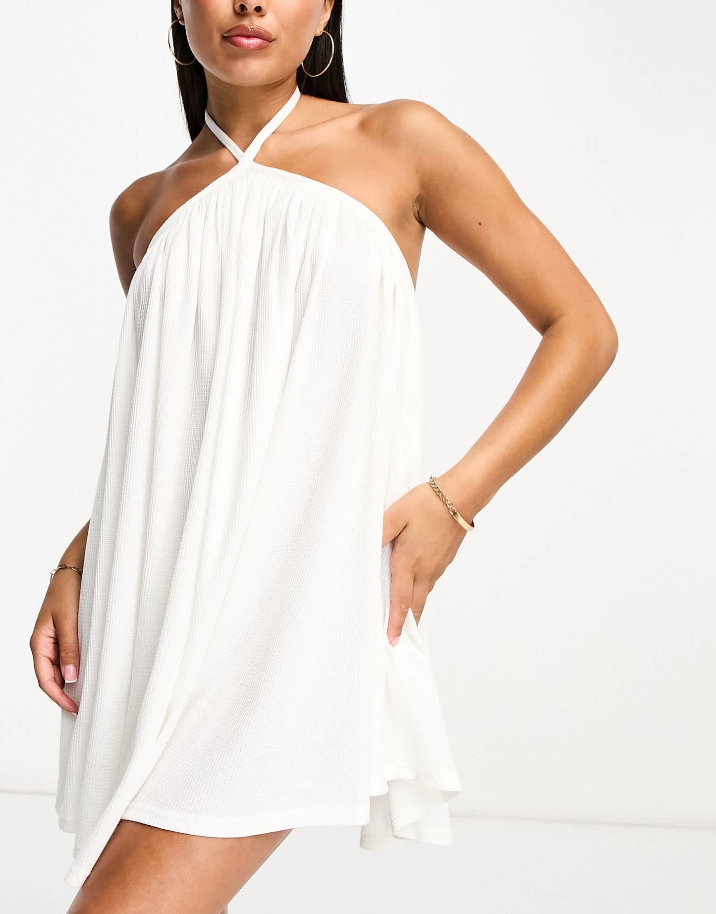 The Frolic exclusive sunstone halter volume mini summer dress in white waffle