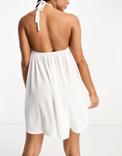 The Frolic exclusive sunstone halter volume mini summer dress in white waffle