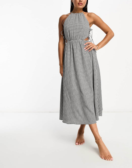 The Frolic exclusive rubellite woven tie detail hater midaxi summer dress in black and white textured gingham