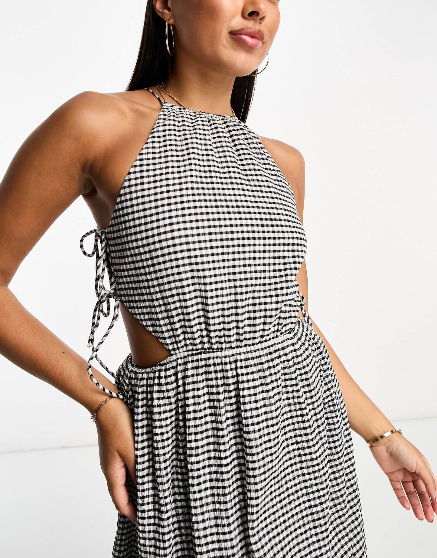 The Frolic exclusive rubellite woven tie detail hater midaxi summer dress in black and white textured gingham