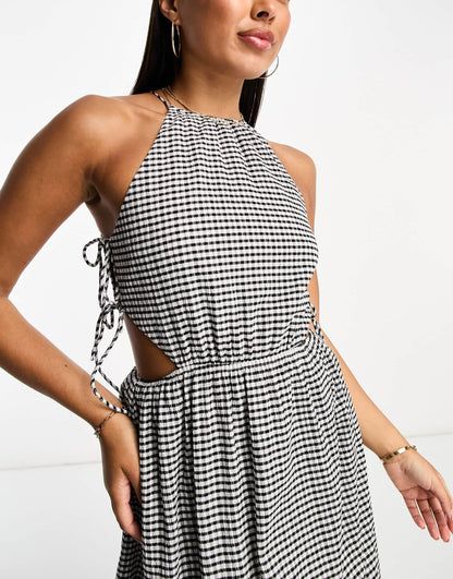 The Frolic exclusive rubellite woven tie detail hater midaxi summer dress in black and white textured gingham