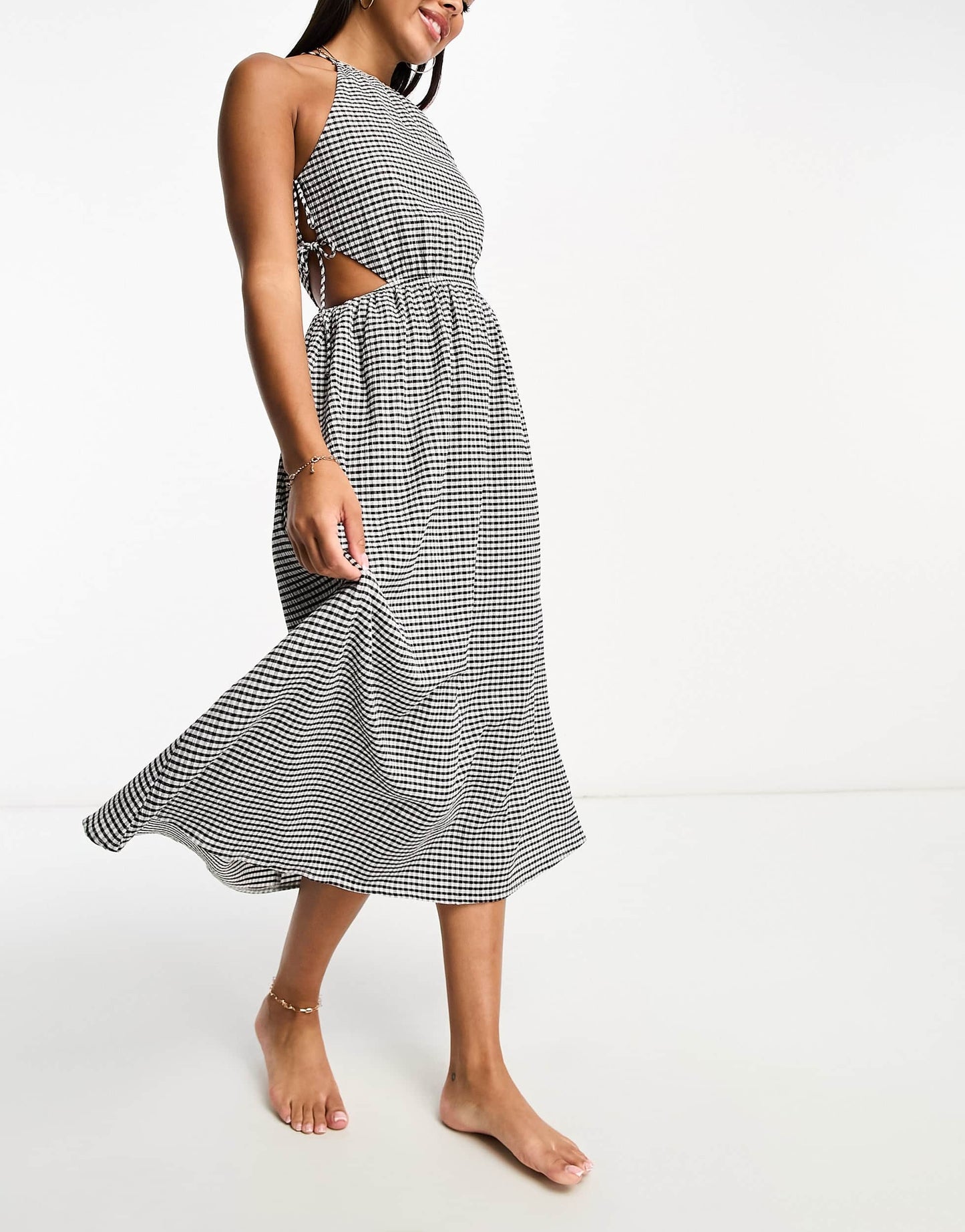 The Frolic exclusive rubellite woven tie detail hater midaxi summer dress in black and white textured gingham