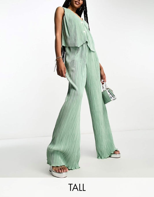 4th & Reckless Tall exclusive plisse trouser co-ord in sage