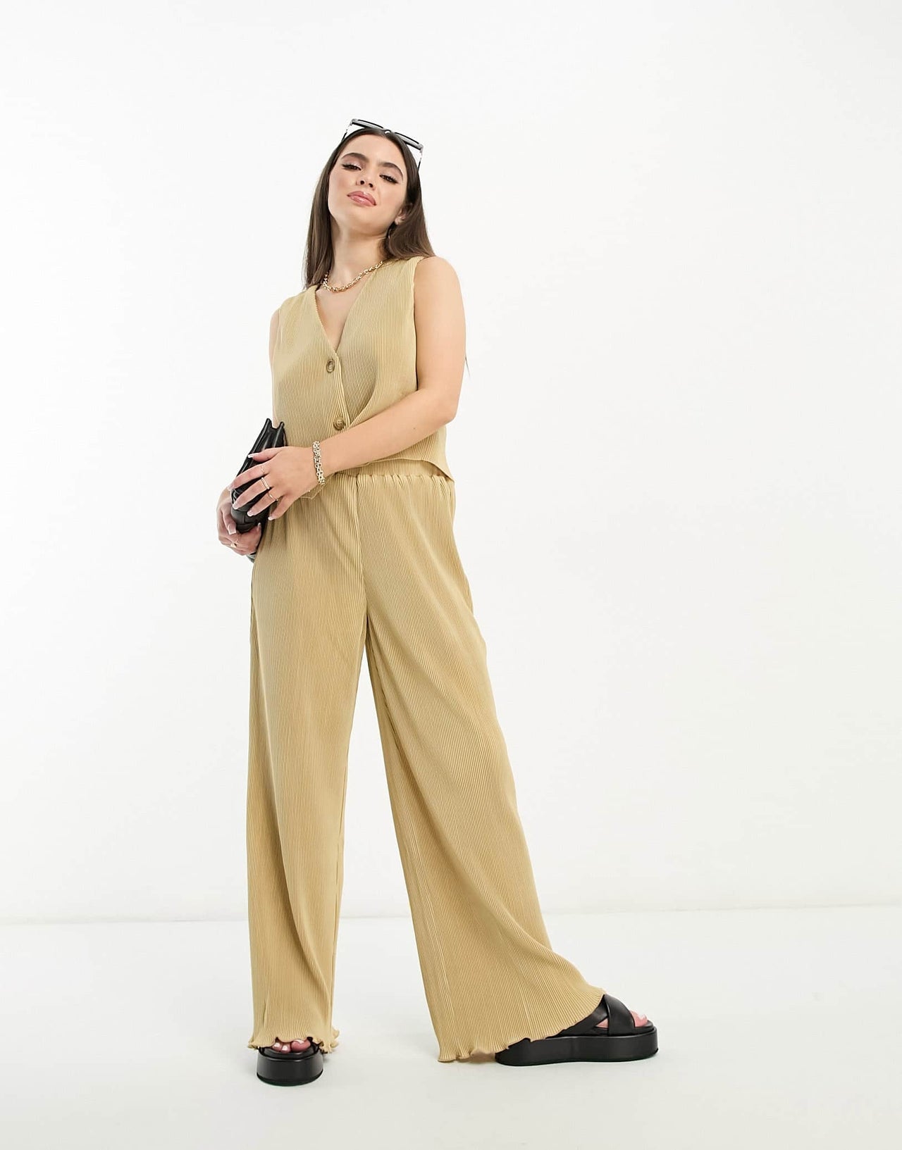 4th & Reckless Petite exclusive plisse waistcoat co-ord in camel