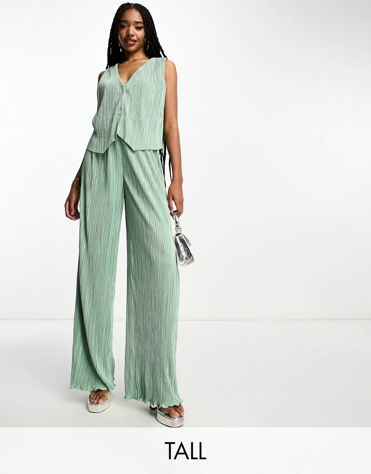 4th & Reckless Tall exclusive plisse waistcoat co-ord in sage