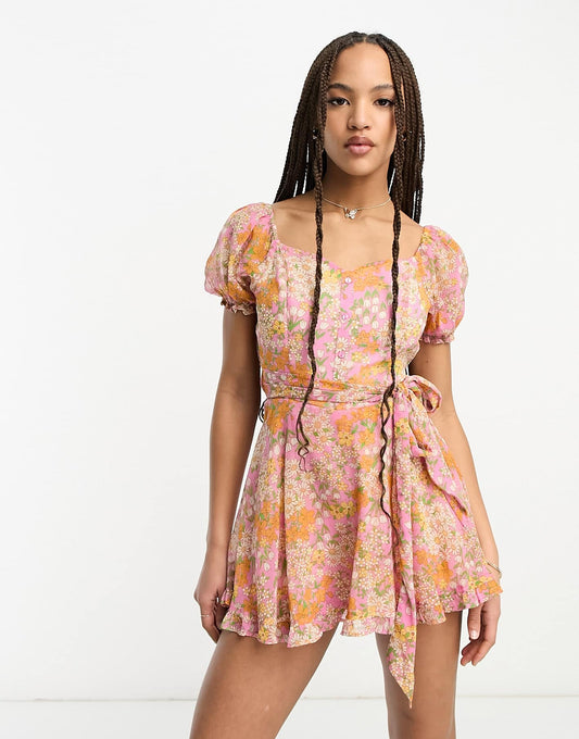 Miss Selfridge festival chiffon corset detail tiered playsuit in pink cluster floral - PINK