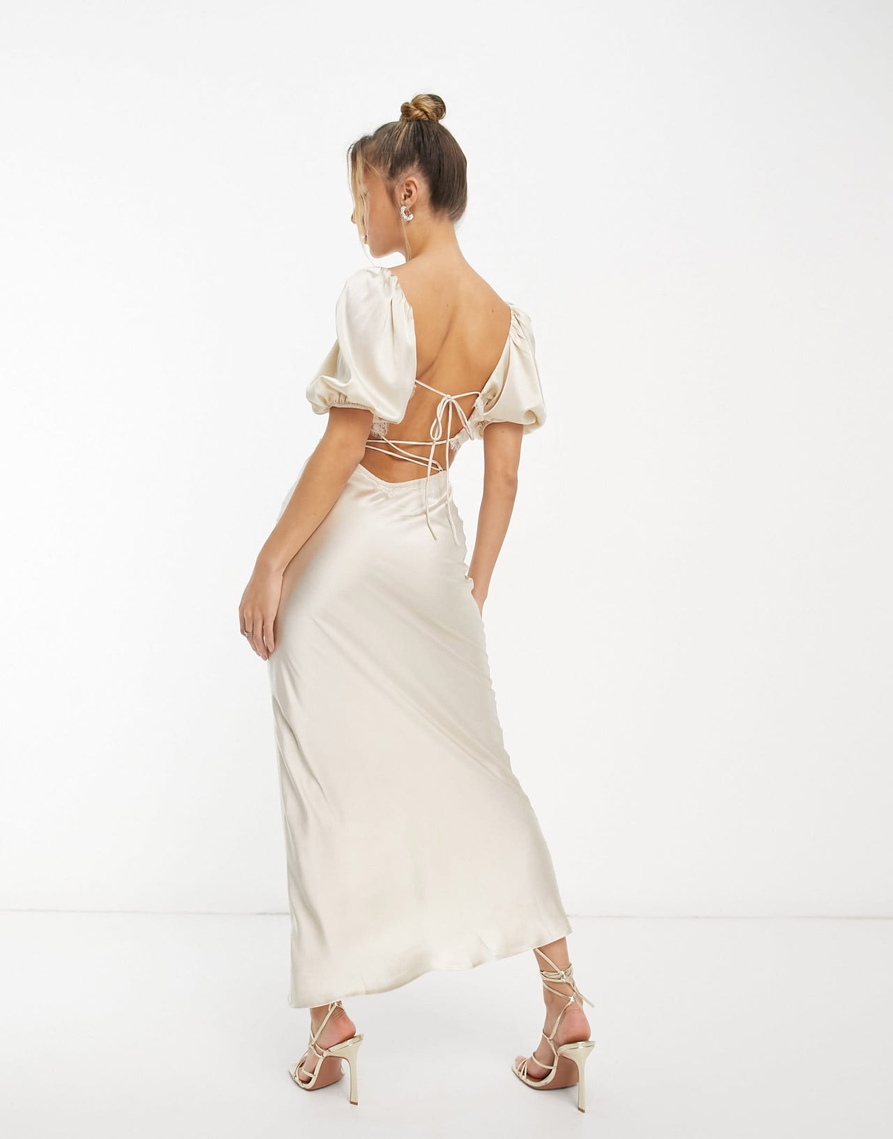 ASOS DESIGN satin milkmaid lace trim midaxi dress with strappy back in stone