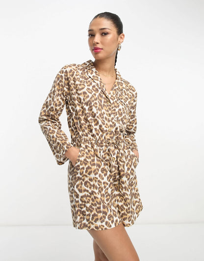 ASOS DESIGN slouchy linen look shirt playsuit with long sleeve in animal print