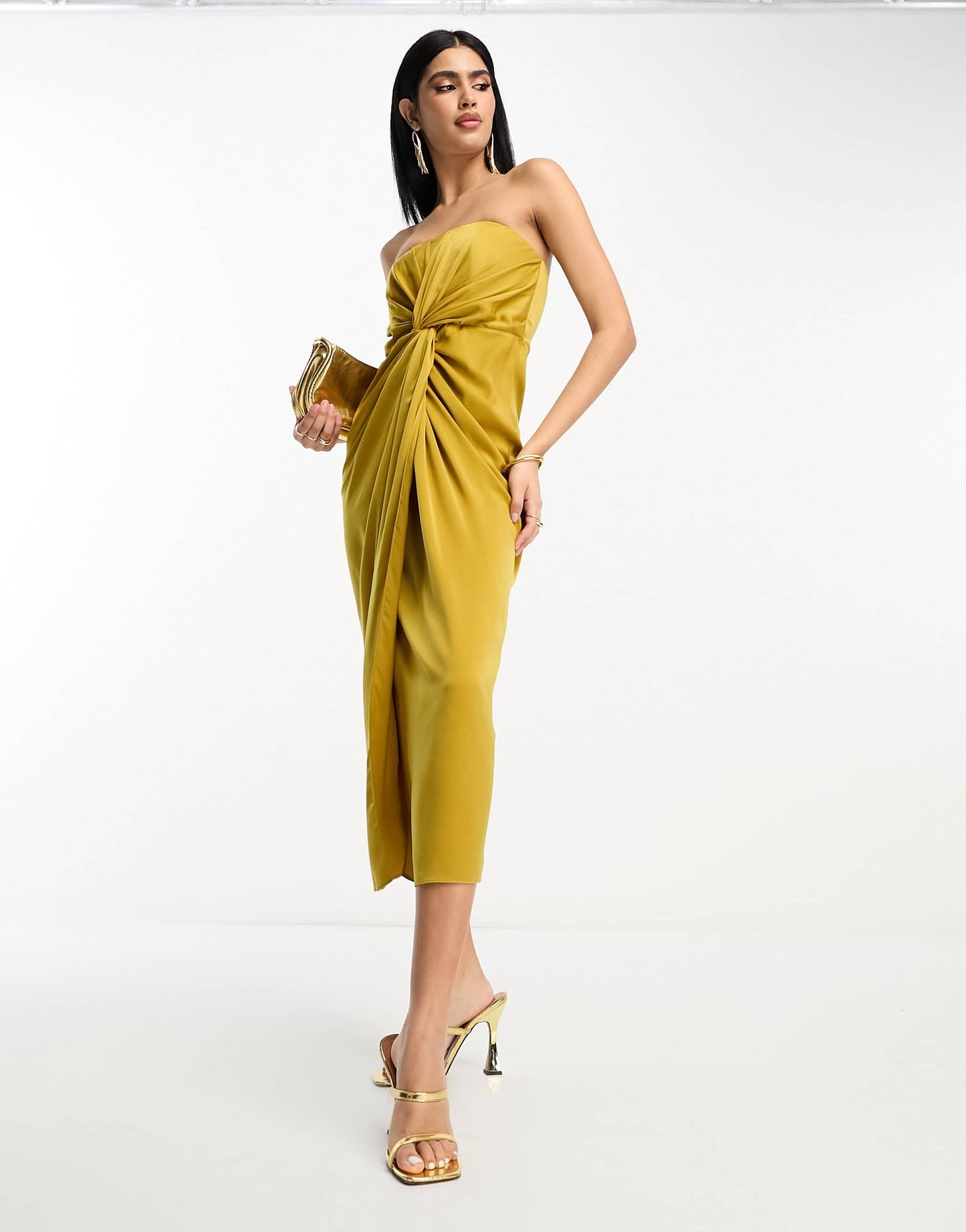 ASOS DESIGN satin bandeau twist front midi dress in gold