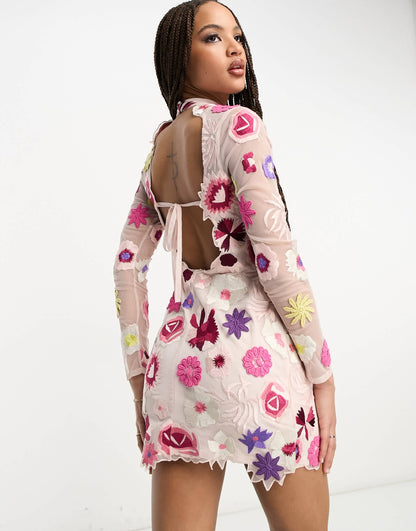 Miss Selfridge Premium embroidered floral long sleeve back detail mini dress in light pink