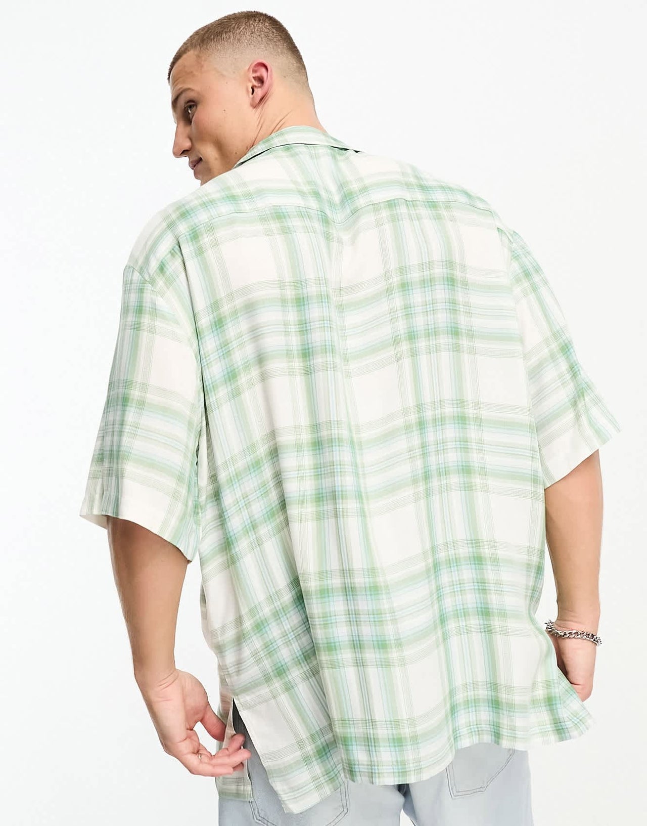 ASOS DESIGN oversized revere bowling longline shirt in green viscose check