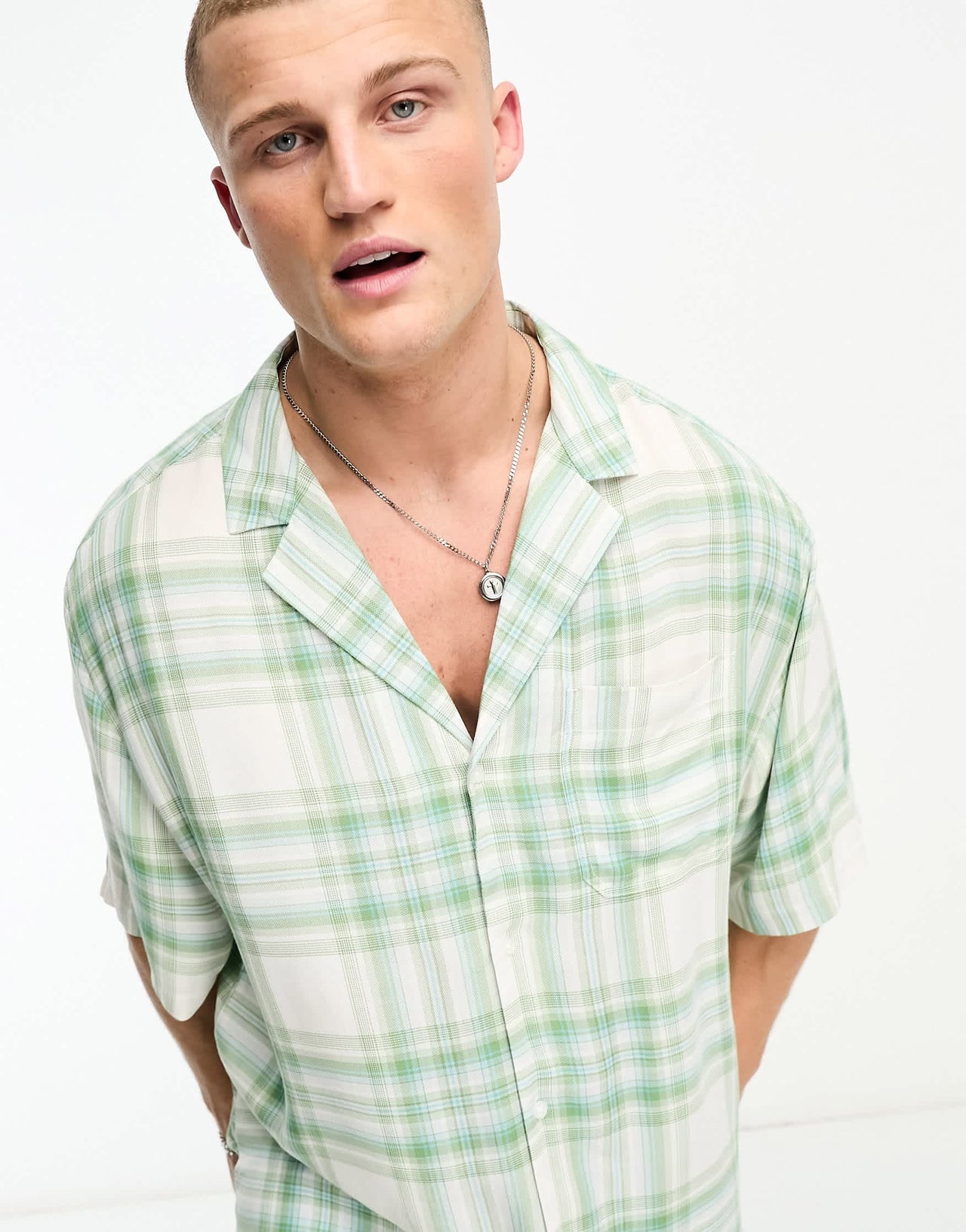 ASOS DESIGN oversized revere bowling longline shirt in green viscose check