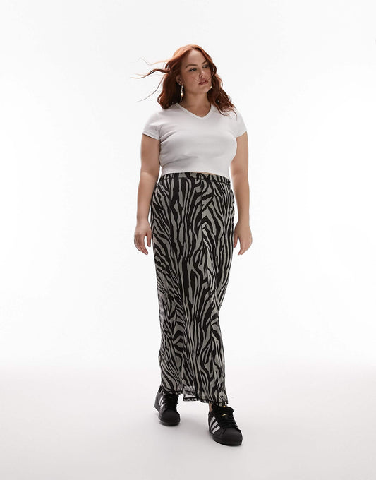 Topshop Curve jersey mesh zebra animal print maxi skirt in monochrome