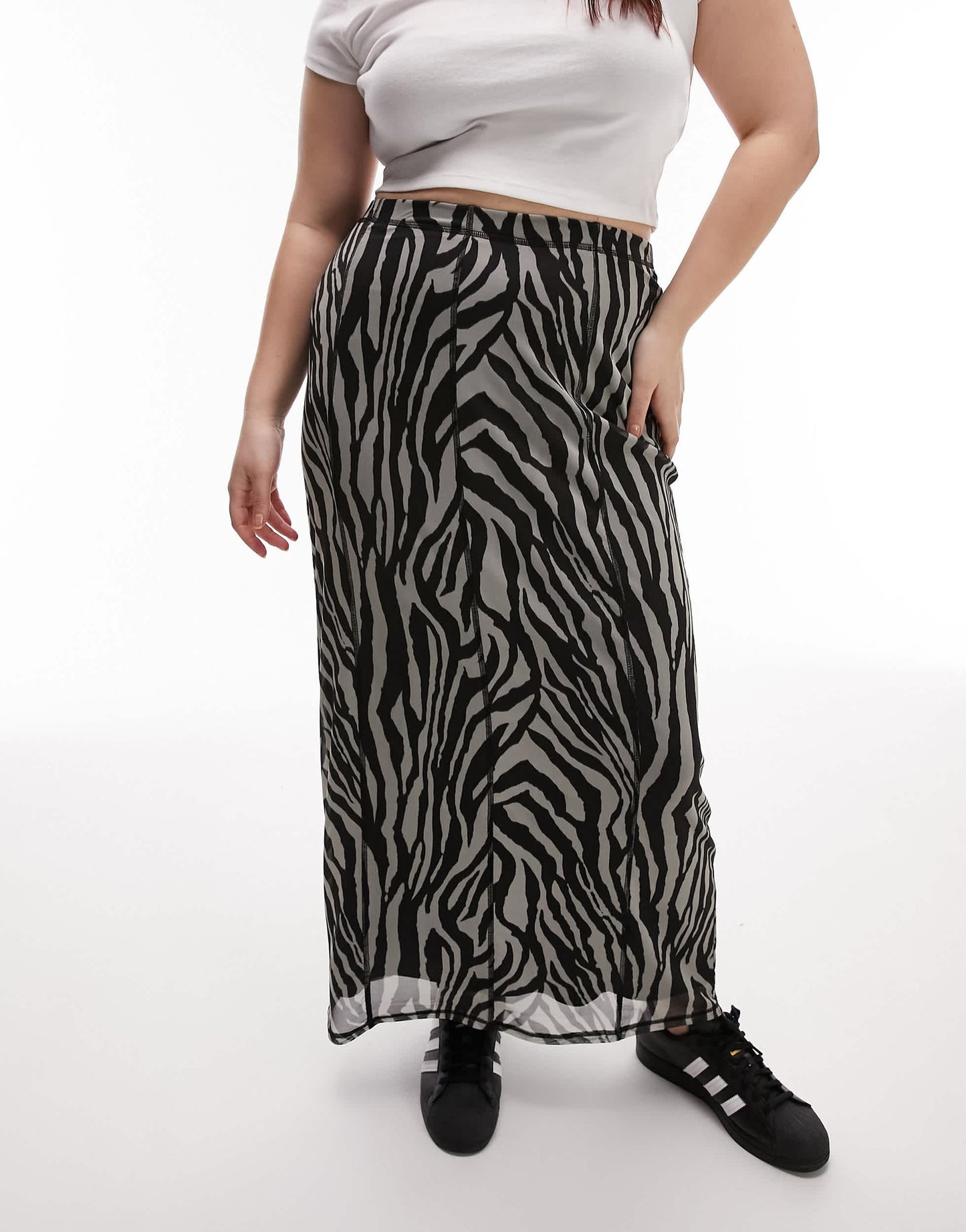 Topshop Curve jersey mesh zebra animal print maxi skirt in monochrome