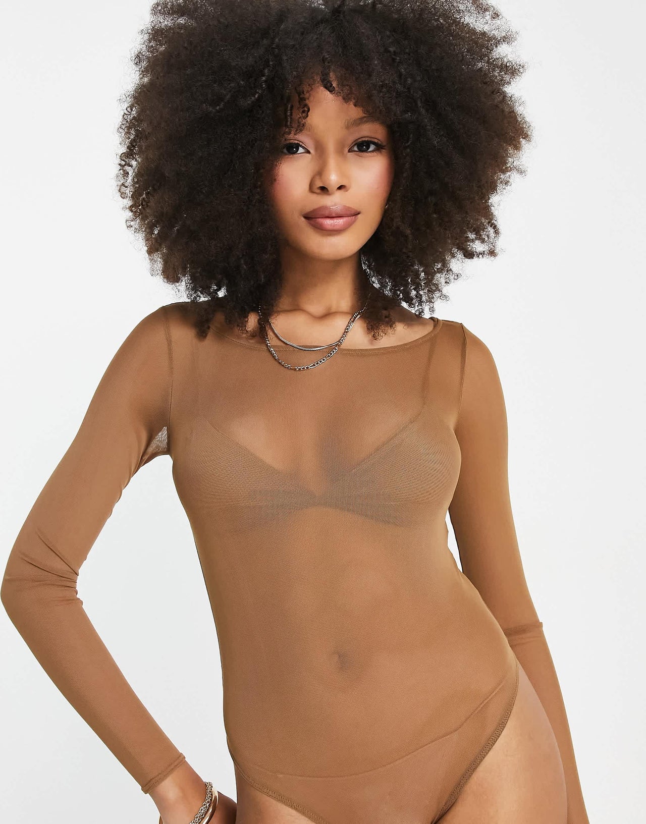 Pull&Bear long sleeve mesh body with in taupe