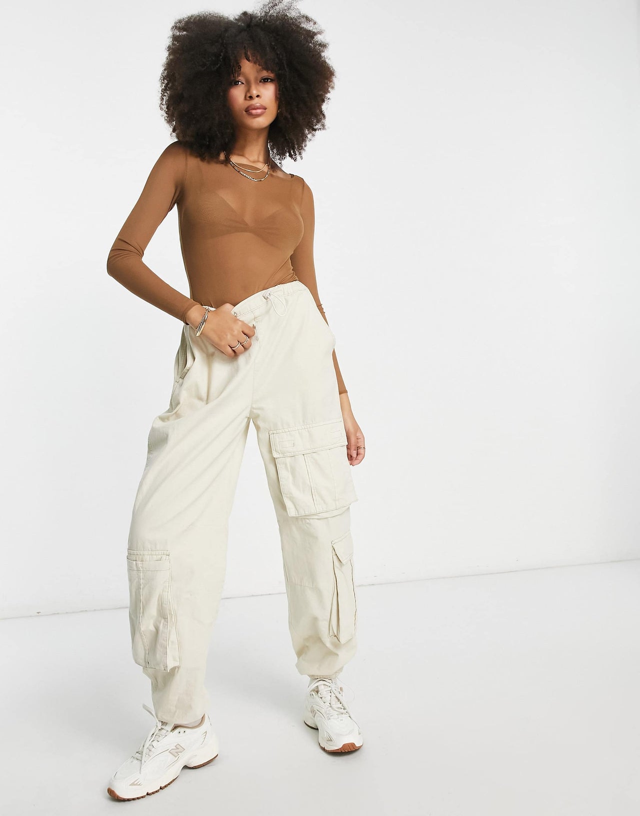 Pull&Bear long sleeve mesh body with in taupe