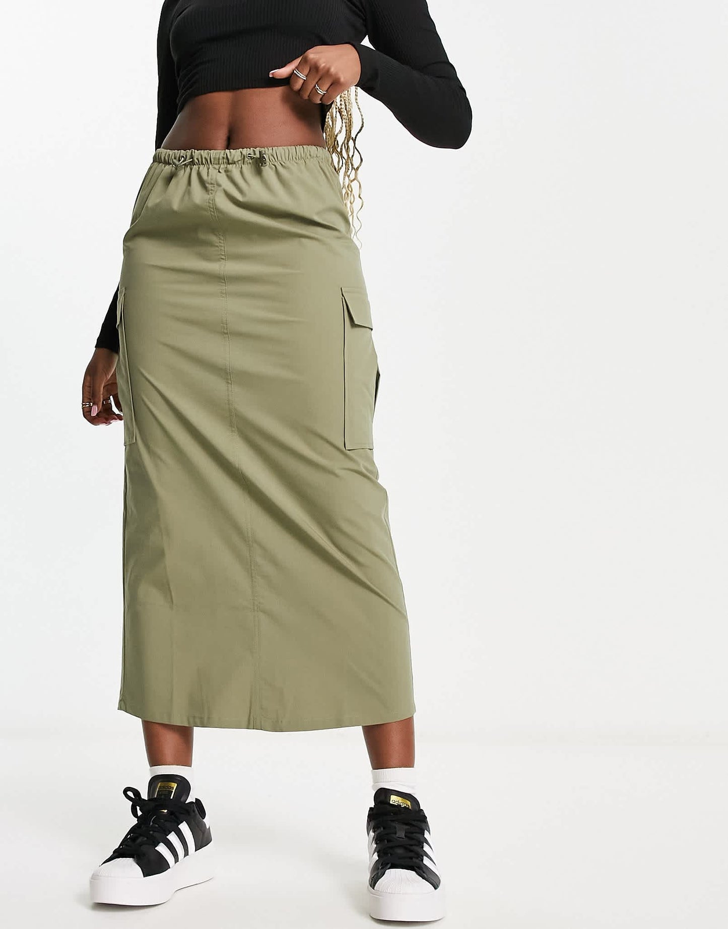 Pull&Bear parachute cargo midaxi skirt in khaki with toggle detail