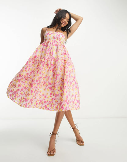 Collective the Label tiered smock dress in textured bright floral