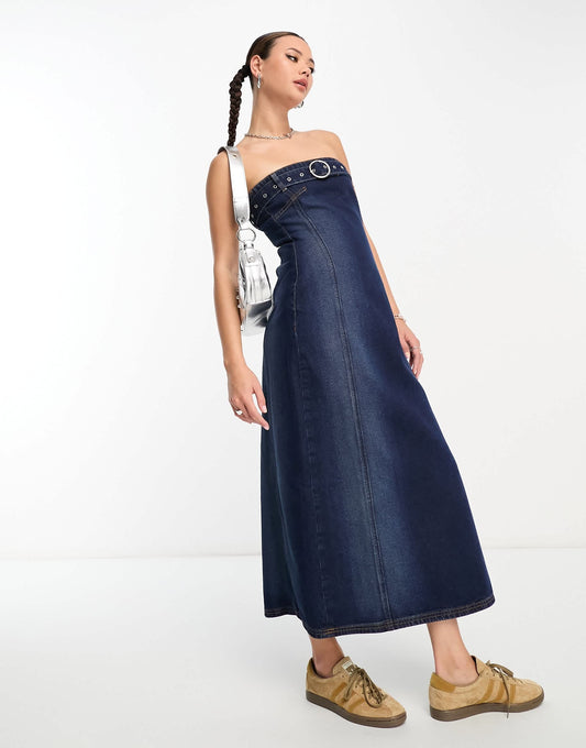 COLLUSION festival belted bandeau midi denim dress in Y2K blue
