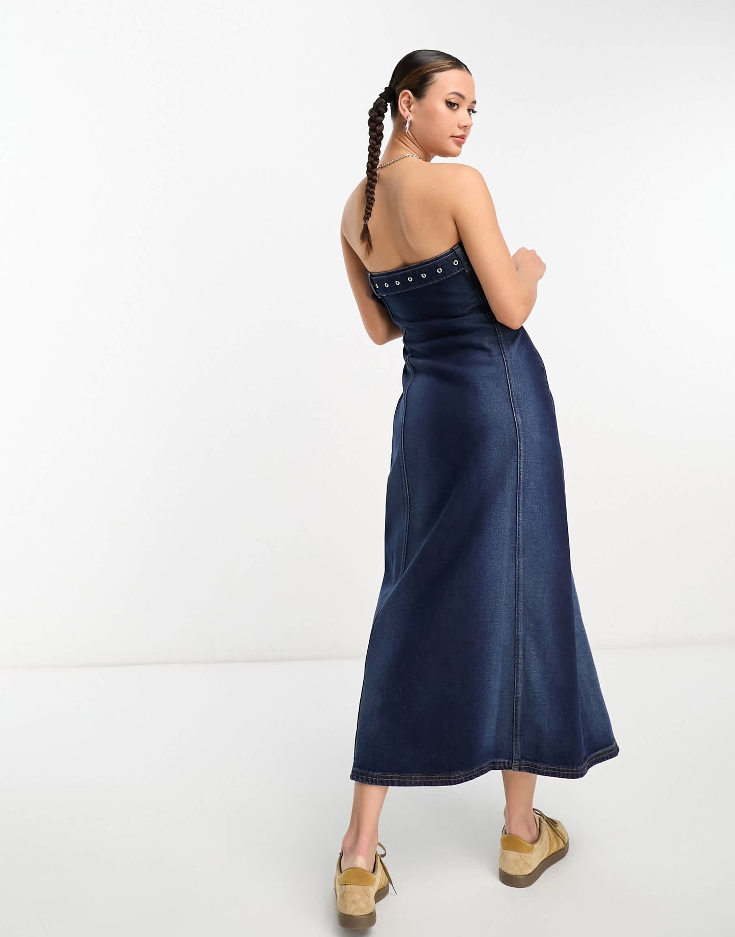 COLLUSION festival belted bandeau midi denim dress in Y2K blue