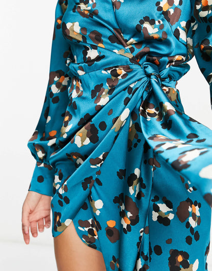 Never Fully Dressed wrap tie mini dress in teal leopard