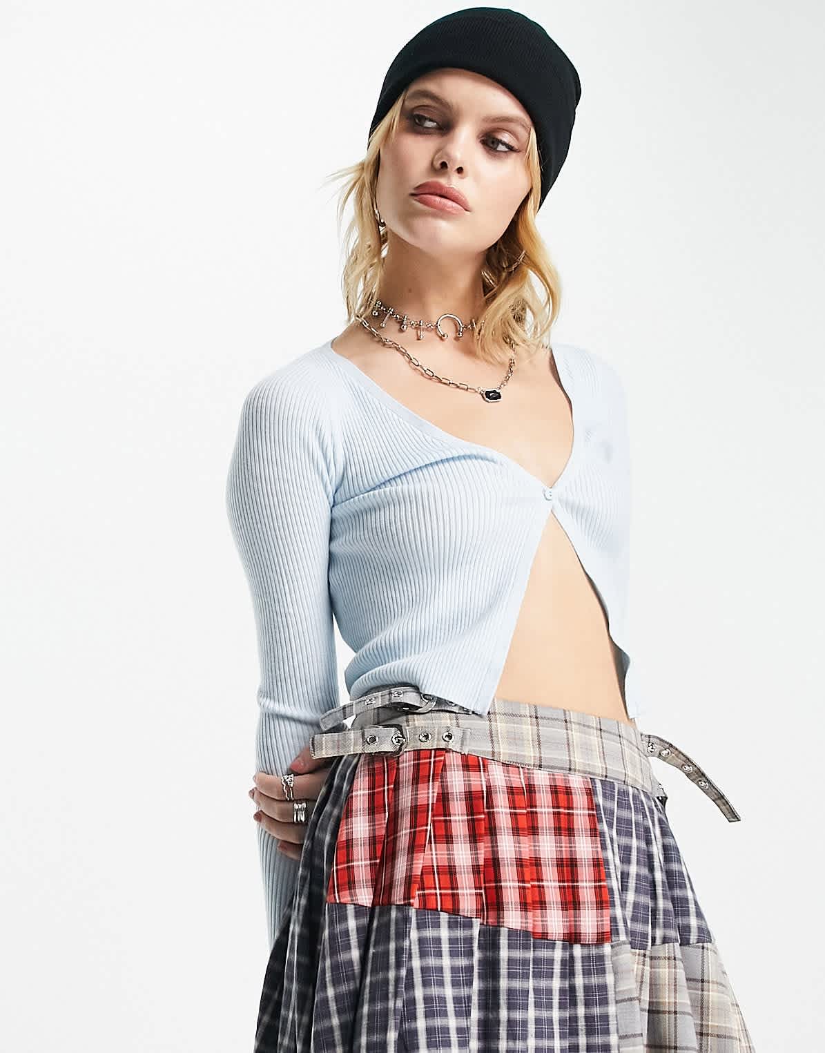 Bershka ribbed fitted cardigan in baby blue