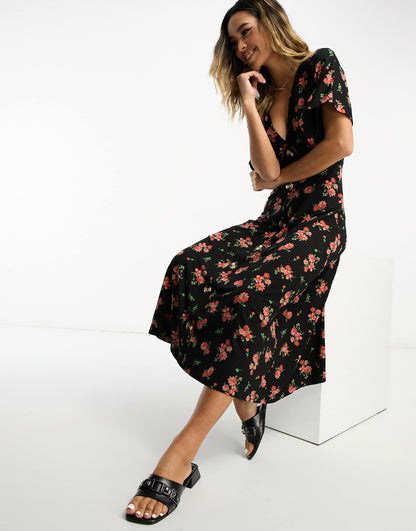 ASOS DESIGN flutter sleeve midi tea dress with buttons in black floral print