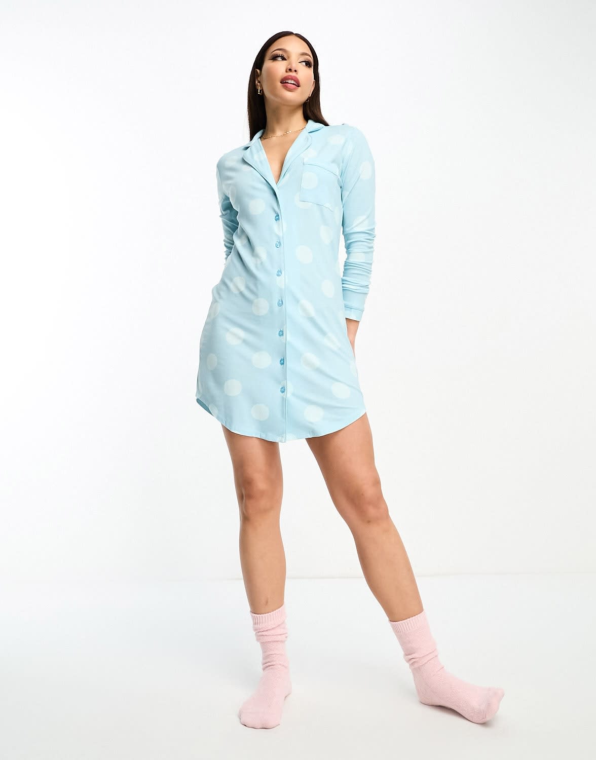 ASOS DESIGN Tall exclusive viscose spot sleep shirt in blue