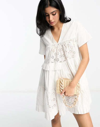 ASOS DESIGN broderie patched tent mini dress in white