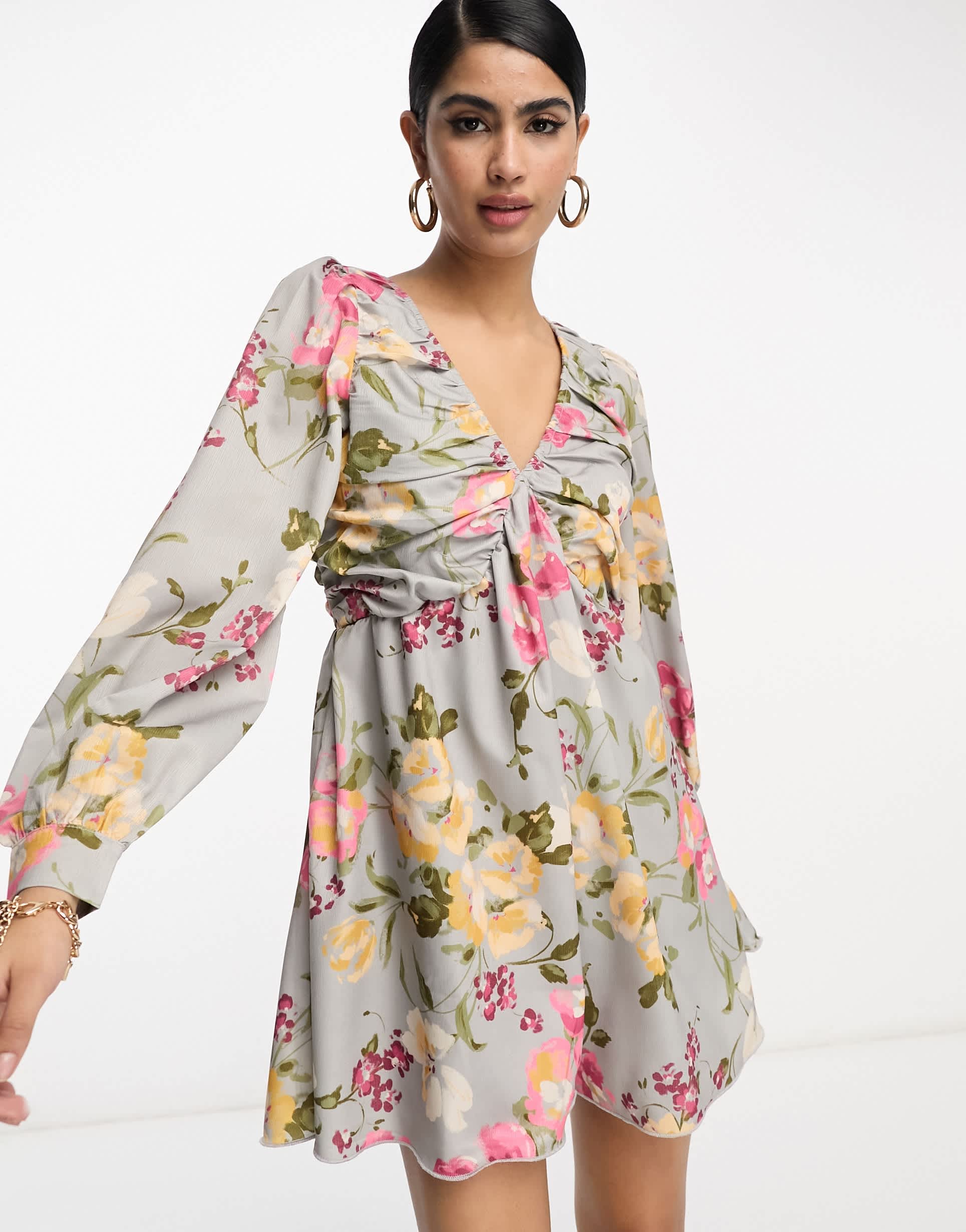 In The Style x Georgia Louise volume sleeve lace-up back flippy playsuit in grey floral