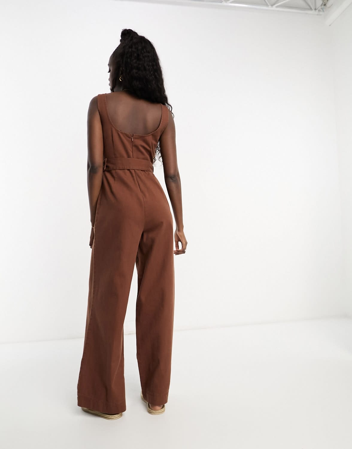 ASOS DESIGN twill belted jumpsuit with square neck in chocolate