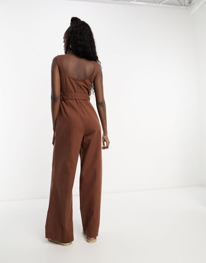 ASOS DESIGN twill belted jumpsuit with square neck in chocolate