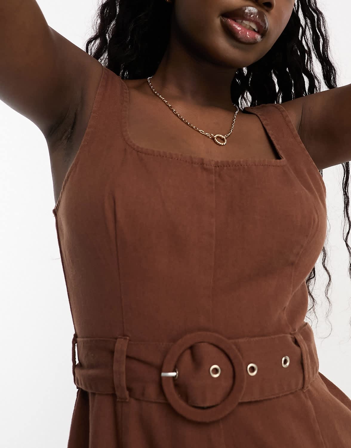 ASOS DESIGN twill belted jumpsuit with square neck in chocolate