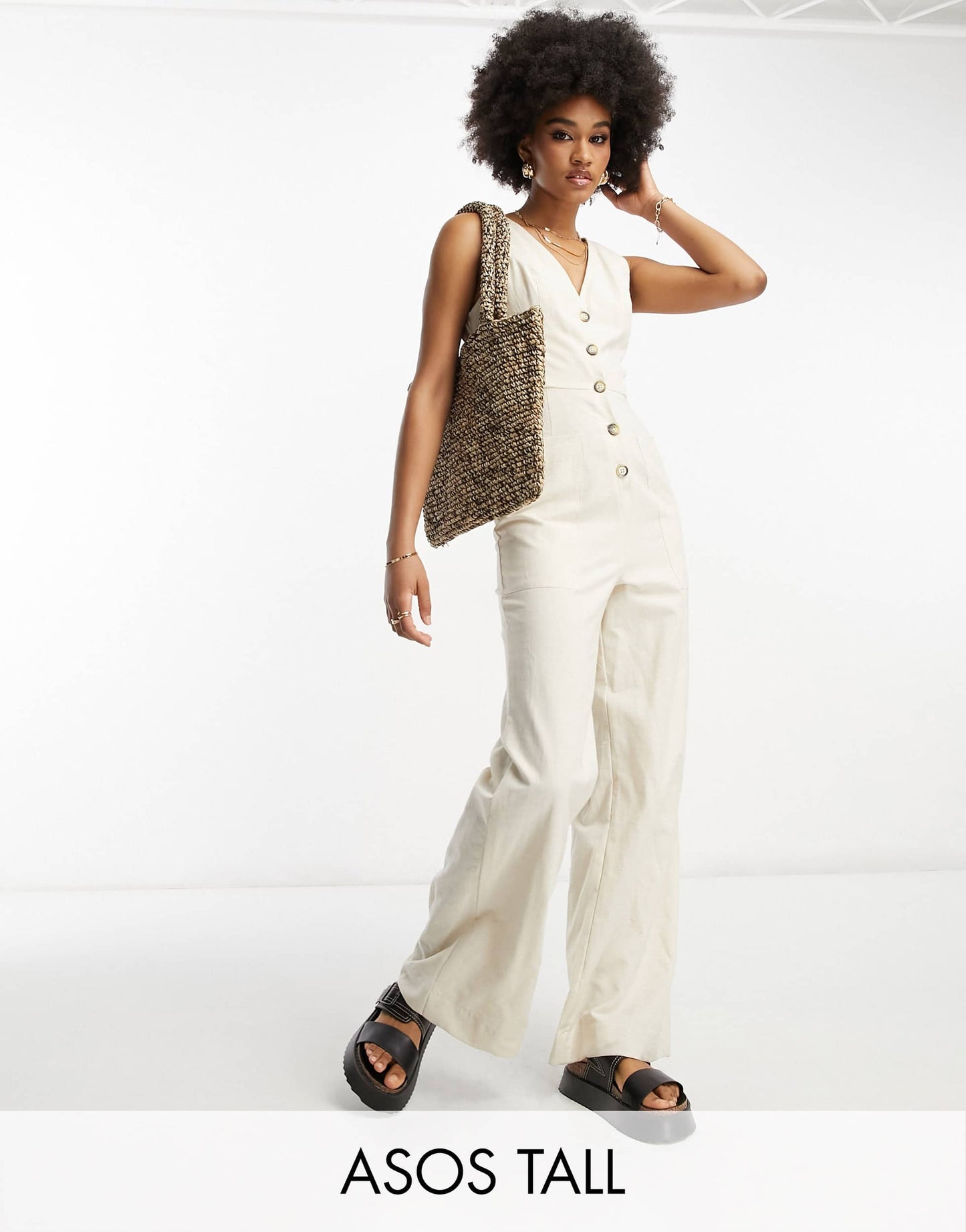 ASOS DESIGN Tall linen look button through jumpsuit in oatmeal