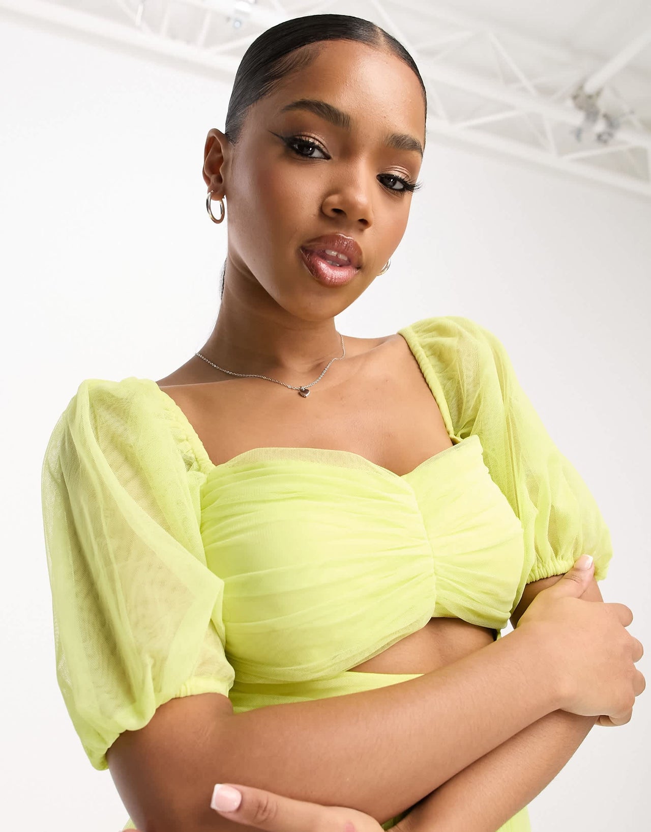 Anaya cut-out puff sleeve midi dress in lime